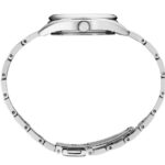 Sleek stainless steel wristwatch with polished interlocking band, perfect for style and durability.
