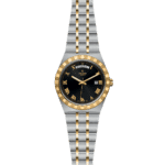 Elegant Tudor watch featuring a black dial, gold accents, and a dual-tone bracelet.
