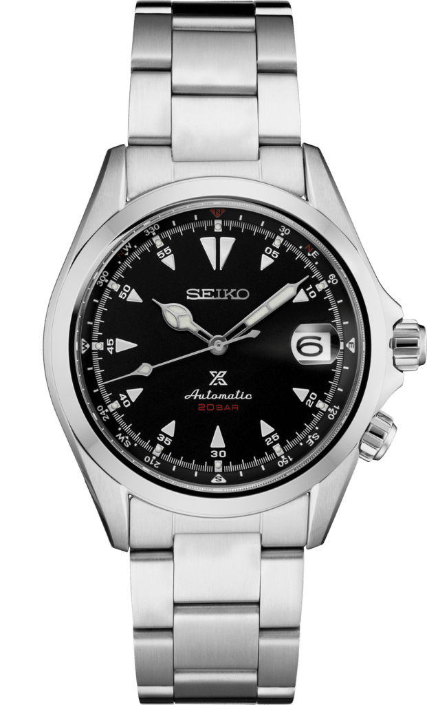 Seiko stainless steel watch featuring a black dial, luminous hands, and high water resistance.