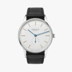 Elegant NOMOS Glashütte watch with minimalist design, white dial, and luxurious leather strap.