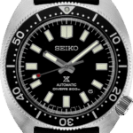 Classic Seiko diving watch with luminous hands, unidirectional bezel, and durable rubber strap.