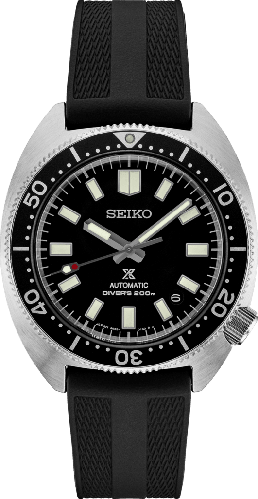 Classic Seiko diving watch with luminous hands, unidirectional bezel, and durable rubber strap.