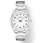 Elegant Seiko stainless steel watch with white dial, black markers, and date feature.