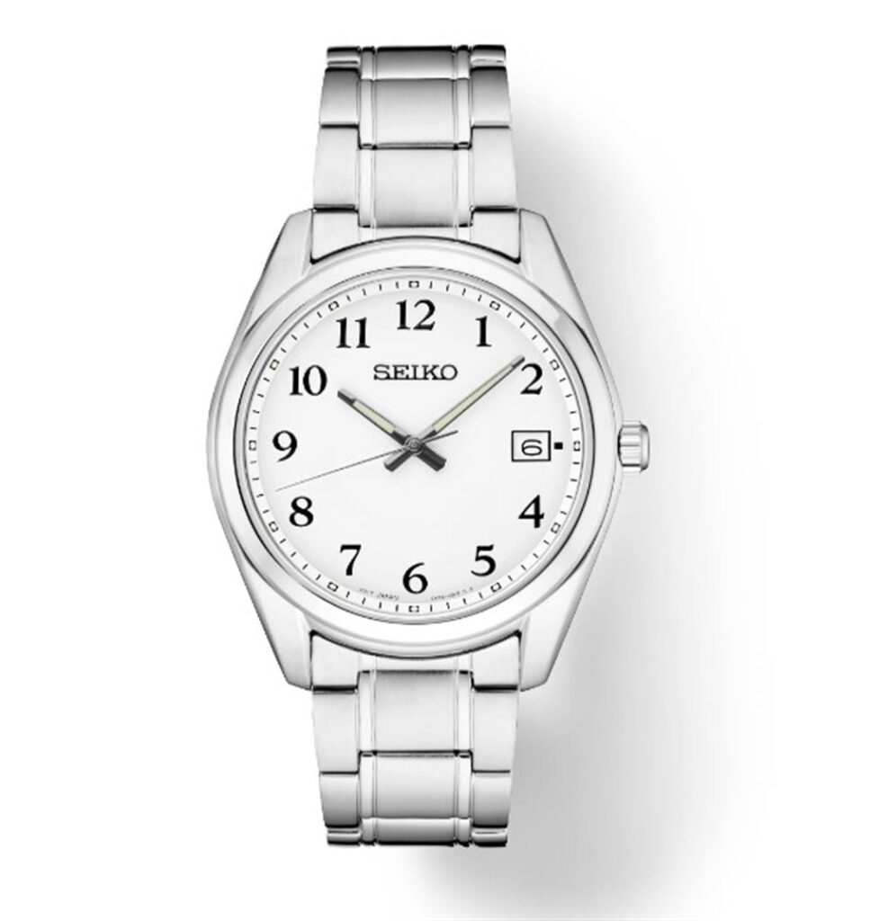Elegant Seiko stainless steel watch with white dial, black markers, and date feature.