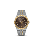 Tudor luxury watch in stainless steel and gold, featuring diamonds and a rich brown dial.