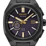 Sleek Seiko Astron watch features GPS, solar technology, and a striking purple dial.