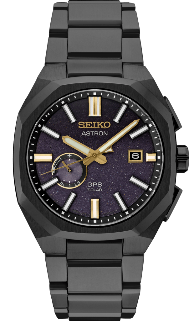 Sleek Seiko Astron watch features GPS, solar technology, and a striking purple dial.