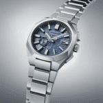 Stylish Seiko Astron wristwatch with blue dial, octagonal case, and stainless steel bracelet.