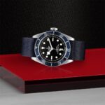 Tudor dive watch with stylish stainless steel case and navy strap on bold red background.