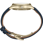 Elegant wristwatch with blue leather strap, gold case, and diamond-adorned crown for stylish sophistication.