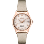 Elegant Seiko Presage automatic watch in rose gold with herringbone dial and date display.