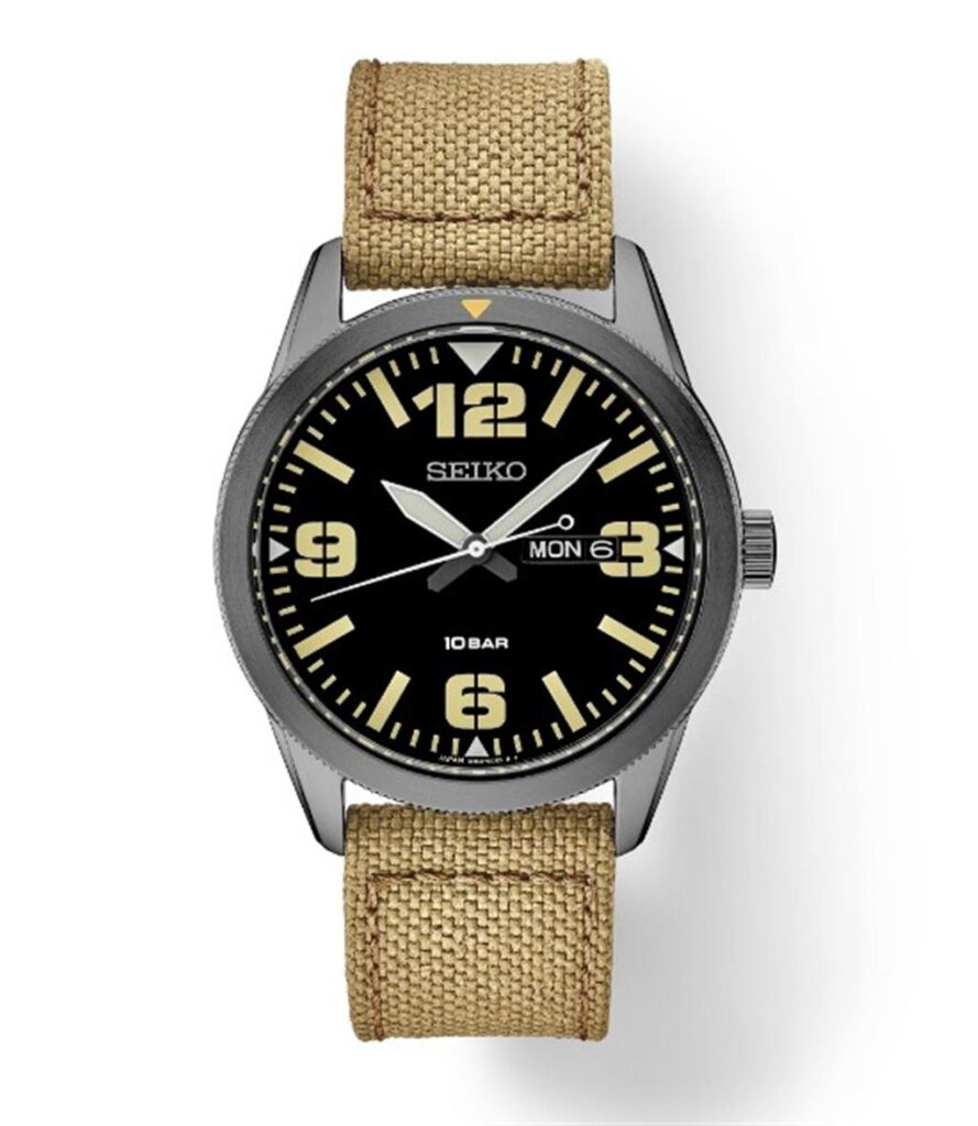Stylish Seiko wristwatch with black dial, oversized markers, and durable khaki fabric strap.