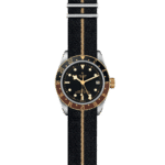 Elegant Tudor watch with stainless steel case, black dial, and durable fabric strap.