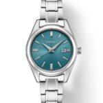 Elegant Seiko wristwatch with a turquoise dial, featuring a silver case and stylish stainless steel bracelet.
