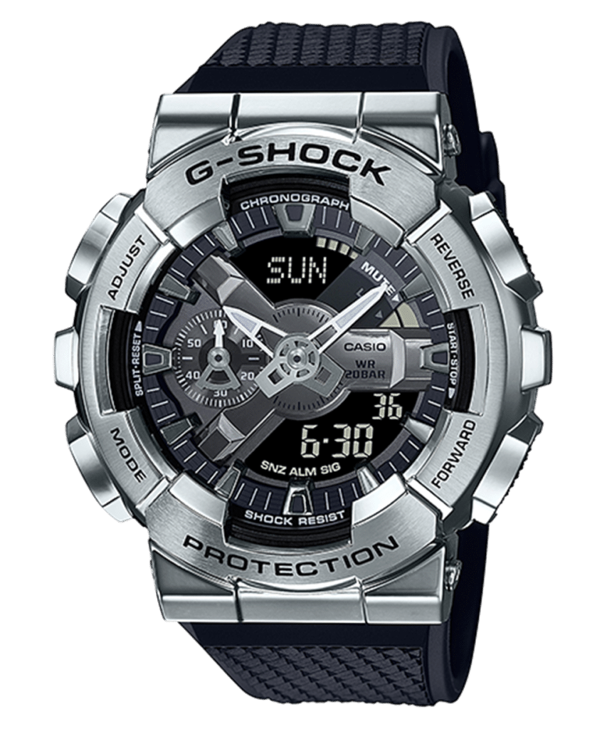 Durable Casio G-Shock watch featuring analog and digital displays, stainless steel bezel, and rugged design.