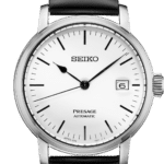 Elegant Seiko Presage automatic wristwatch with stainless steel case and black leather strap.