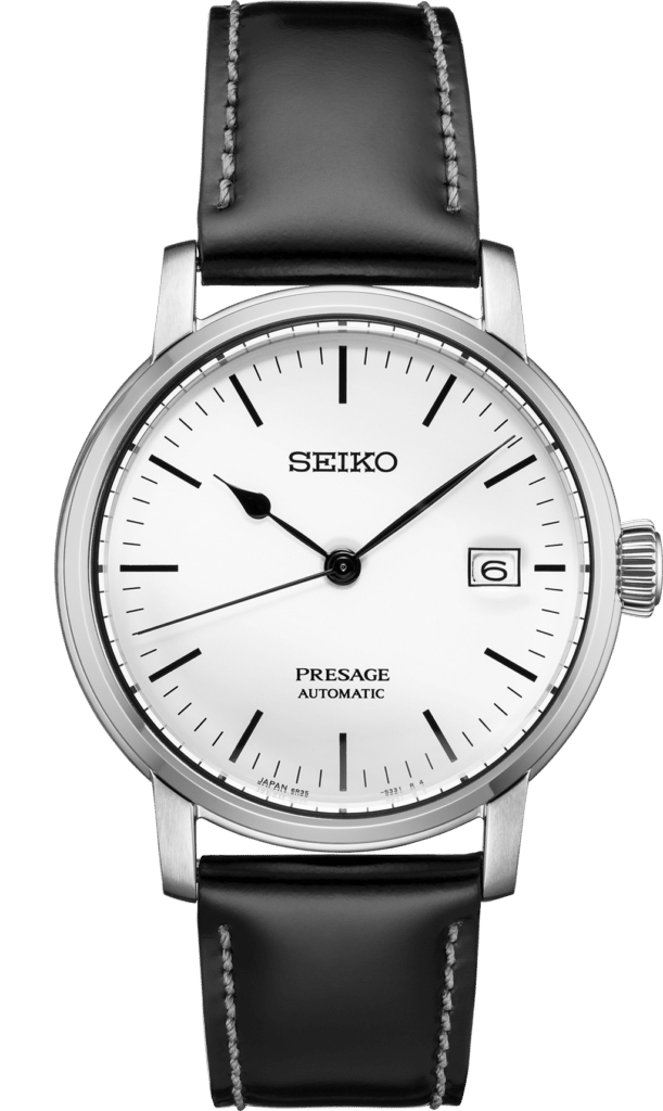 Elegant Seiko Presage automatic wristwatch with stainless steel case and black leather strap.
