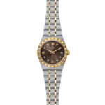 Elegant dual-tone watch with gold accents, brown dial, diamond markers, and practical date function.