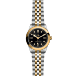 Elegant Tudor watch with black dial and sophisticated gold-silver two-tone bracelet design.