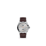 Elegant Tudor watch with silver dial, rose gold accents, and brown leather strap.