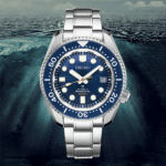 Seiko dive watch on a blue ocean background, showcasing durability and elegance for adventurers.