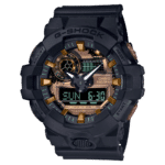 Casio G-Shock watch with black and bronze design, featuring analog and digital displays.