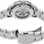 Elegant Seiko watch with stainless steel design and visible mechanical movement for timeless style.