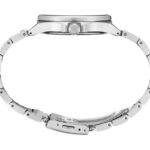 Sleek stainless steel wristwatch with polished finish, interlocking links, and chronograph features.
