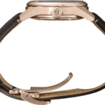 Stylish rose gold wristwatch with black leather strap and deployment clasp, showcasing elegant design.