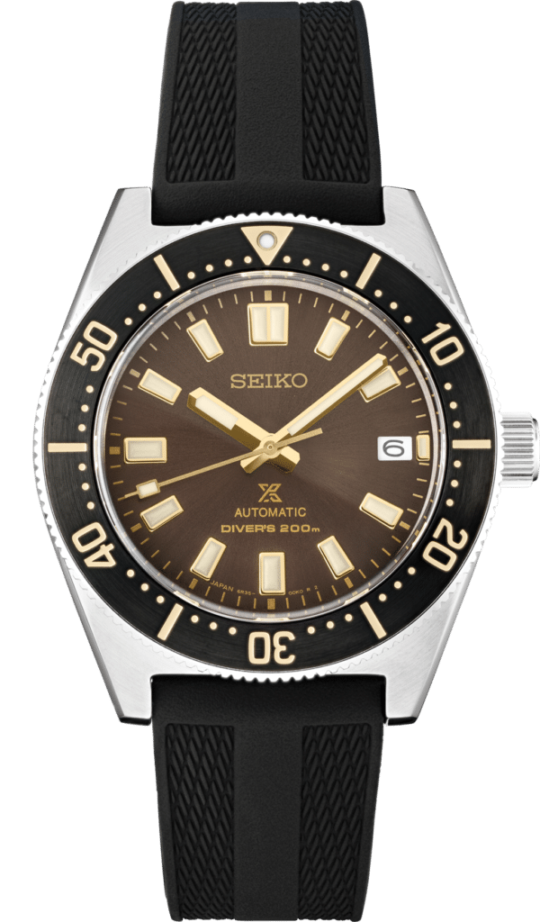 Seiko automatic divers watch with brown dial, stainless steel case, and black rubber strap.