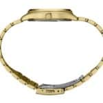 Elegant gold-toned watch with sophisticated design and luxurious interlocking link strap.