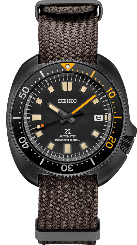 Seiko automatic diver’s watch: robust design, 200m water resistance, luminous features, stylish strap.