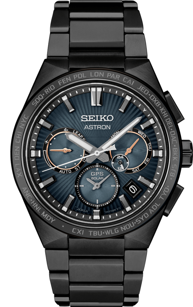 Elegant Seiko Astron watch with black stainless steel strap and deep blue sunburst dial.