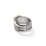 Elegant intertwined silver and gold ring showcasing unique texture and modern design.
