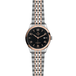 Elegant Tudor watch featuring a black textured dial with rose gold and stainless steel accents.