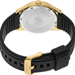 Stylish Seiko wristwatch in gold and black, featuring a sporty rubber strap and elegant design.