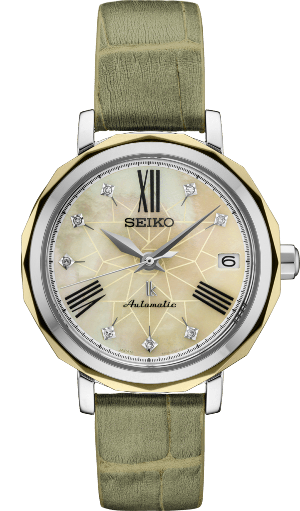 Elegant Seiko octagonal watch with iridescent mother-of-pearl face and sage-green leather strap.
