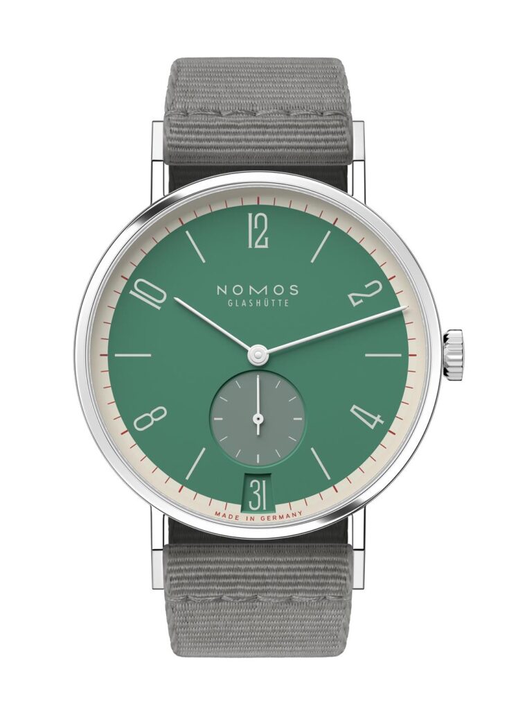 Nomos Glashütte watch features a vibrant green dial and modern stainless steel design.