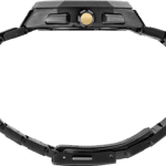 Modern black metal watch with gold accents and interlocking link band for rugged style.