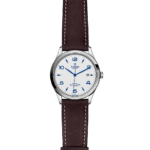 Elegant Tudor wristwatch with stainless steel case, white dial, blue numerals, and brown leather strap.