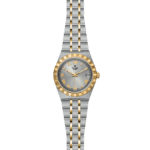 Elegant Tudor wristwatch with silver and gold accents, Roman numerals, and a date feature.
