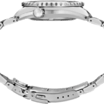 Sleek stainless steel watch with elegant bracelet and textured crown for luxury and durability.