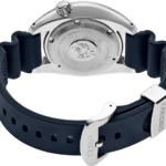 Seiko dive watch with stainless steel case, rubber strap, and 200m water resistance for sports.