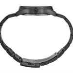 Sleek black wristwatch with durable design, adjustable interlocking strap, and ergonomic crown for time setting.