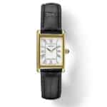 Elegant Seiko gold-tone wristwatch with Roman numerals and black leather strap.