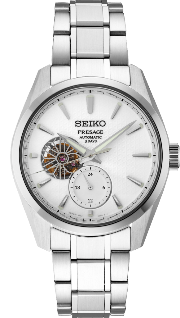 Elegant Seiko Presage watch with tourbillon, stainless steel case, and refined white dial design.