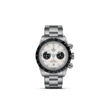 Tudor chronograph watch with white dial, black sub-dials, and stainless steel bracelet for elegance.