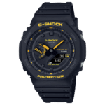 Black G-Shock watch with yellow accents, solar power, Bluetooth, and rugged design features.