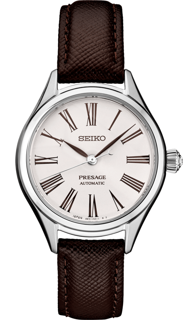 Elegant Seiko Presage watch featuring polished stainless steel, Roman numerals, and a brown leather strap.