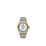 Tudor luxury watch with mother-of-pearl dial, stainless steel, and gold features on a black backdrop.